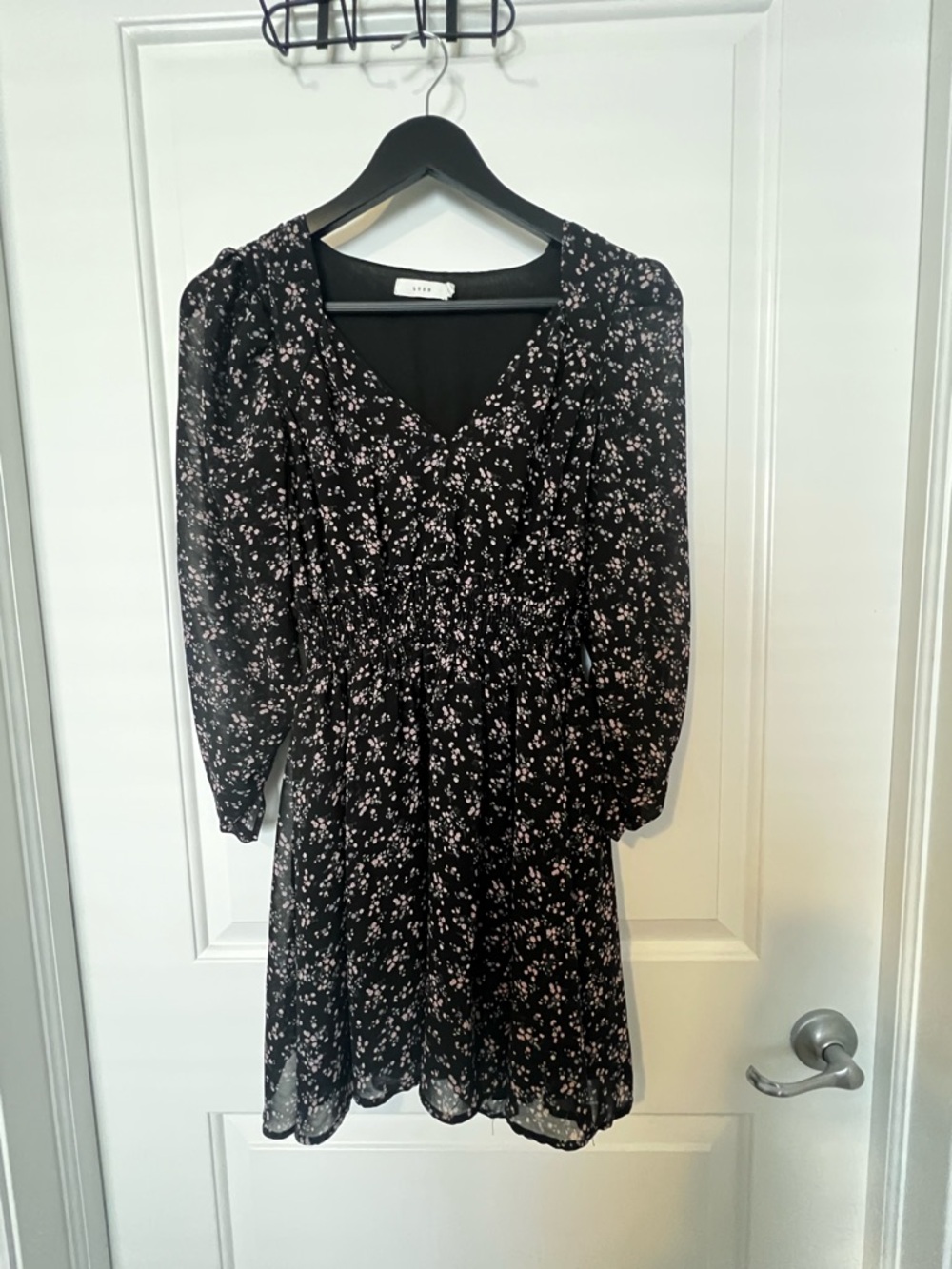 Lush Black Mini Dress with Pink Floral Print